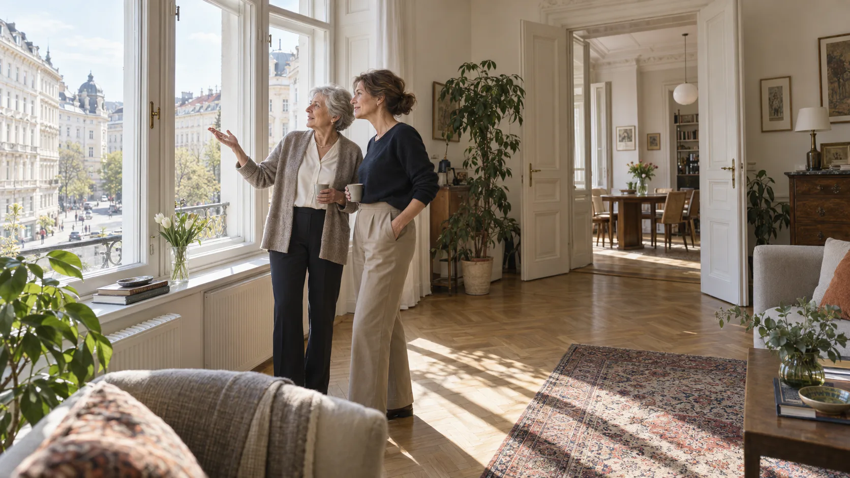 Mutter und Tochter in einer hellen Wiener Altbauwohnung